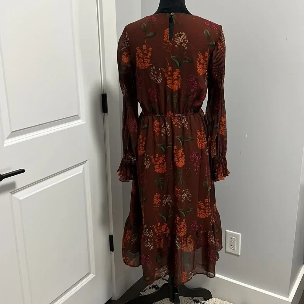 Gibson * Latimer Floral Brown Long Sleeve Midi Boho Dress size Small - Picture 7 of 9